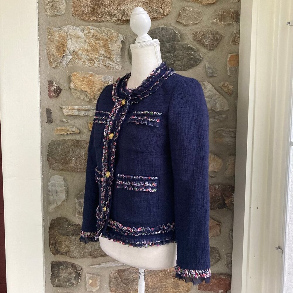 J Crew Lady Jacket Blazer Liberty London Floral Trim Tweed Navy Womens 0 - Picture 7 of 11